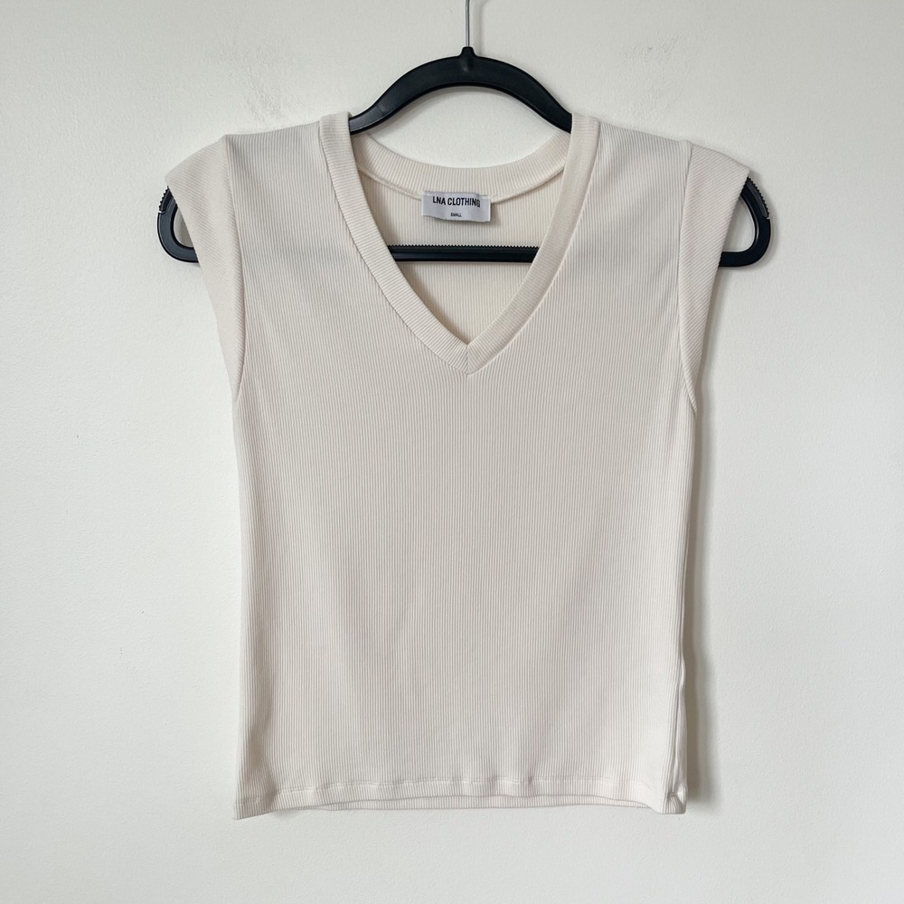 LNA Rib Knit V-Neck Cap Sleeve Top Womens Small Cream